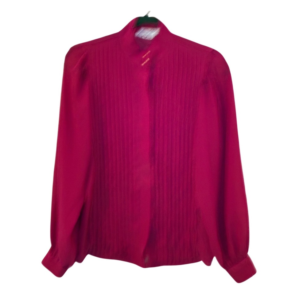 Vintage Chaus Hong Kong Magenta Pink Pleated Blouse High Neck Puff Sleeve Sz 10